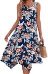 HOTOUCH Women's Summer Casual Floral Irregular Hem Floral Long Work Maxi Dress with Pockets Navy Blue Small