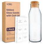 volila Water Carafe - 1000ml Glass Carafe with Lid - Glass Water Bottle with Cork Lid - Bedside Water Carafe for Cold Drink, Milk, Juice Jars - Versatile Glass Bottles for Detergent Storage (1 Pack)