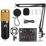 CEZO BM 800 Condenser Microphone Kit Set with V8 Sound Card, Boom Arm Stand, Pop Shield Recording Studio Equipment Full Set with 3.5mm Mic for Smartphones Live Streaming (BM800+V8 Gold)