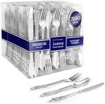 300 Pcs Silver Plastic Silverware Set- 100 Silver Forks, 100 Silver Spoons, 100 Silver Knives, Heavy Duty Disposable Utensils Heavyweight Cutlery, Elegant Flatware, Dinner Party, Wedding