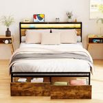 Zevemomo Full Size Bed Frame with Drawers, Full Bed Frame with LED Lights, Charging Station with 3 USB Ports & 1 Type-C Port, Full Size Platform Bed Frame with Headboard, No Noise, Rustic Brown