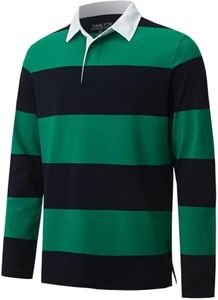 VANLYTK Men's Long Sleeve Polo Shirts Moisture Wicking Collared Golf Striped Polo Shirts for Men (US, Alpha, Large, Regular, Regular, Green Navy Stripe)