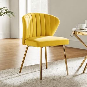 HULALA HOME Velvet Dining Chairs, Modern Small Armless Accent Chair with Gold Metal Legs, Living Room Upholstered Cute Side Chair, Elegant Tufted Back Vanity Chair-Yellow