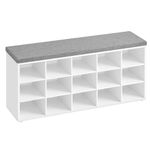 VASAGLE Shoe Rack, Shoe Bench with Seat, Shoe Cabinet with Cushion, 15 Open Storage Compartments, 30 x 105 x 48 cm, for Hallway Bedroom Living Room Entryway, White and Grey LHS15WT