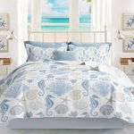 Coastal Bedding Queen Size Coastal Quilt with 2 Shams, Nautical Bedding Beach Comforter Sets Ocean Bedspreads Blue Seahorse Coverlet Summer Bedding, 90''x96''