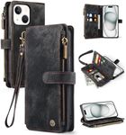 Vofolen for iPhone 15 Case PU Leather Wallet Case for Women Men with 9 Credit Card Holder Hand Wristlet Flip Case Zipper Magnetic Closure RFID Blocking Protective Cover for iPhone 15 Phone Case-Black