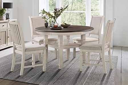 Lexicon Braun 5 Piece Dining Table Set, Dining Room Set for 4, Including 1 Round Kitchen Table with Storage Shelf and 4 Beige Fabric Upholstered Chairs, Antique White/Brown