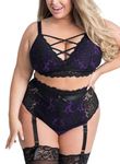 EVELUST Plus Size Lingerie Set for Women Sexy Luxe Criss-Cross Bra Lace Cups Underwear with High Waisted Suspender Thong(BlackPurple, 2XL, 828e)