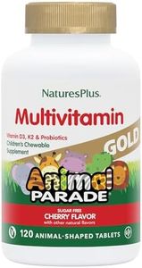 Natures Plus Animal Parade Gold Children's Chewable Multivitamin - Natural Cherry Flavor - 120 Animal Shaped-Tablets, Pack of 2 - with Vitamin D3, K2 & Probiotics - 120 Total Servings