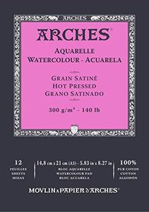 Arches Hot Pressed 300 GSM A5 Watercolour Paper Pad, Natural White, (12 Sheets)