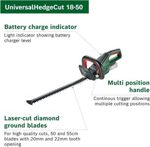 Bosch 18V Cordless Hedge Cutter – 50cm Blade, 2.5Ah Battery, Brushless Motor