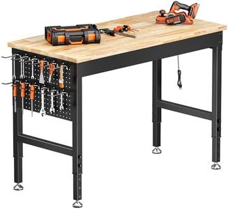 121 x 60 cm Adjustable Heavy-Duty WorkBench, 2000 LBS Load Capacity Rubberwood Work Table with Pegboard, Built-in Power Strip, 6 Adjustable Heights, Workbench for Workshop, Garage, Office, and Home