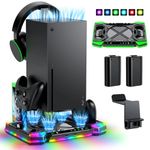 Upgraded Charging-Stand Cooling-Fan for Xbox Series X,Dual Wireless Charger Dock Cooler System for Xbox Controller& Console,Accessories with 11 RGB Light Modes,2x1400mAh Rechargeable Batteries,Storage