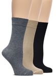 HUGH UGOLI Womens Soft Bamboo Dress Socks, Thin Crew Socks for Business, Trouser & Casual, Non-Binding, 3 Pairs, Melange Grey/D Beige/Black, Shoe Size: 9-12