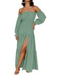 ZESICA Women's 2024 Boho Sexy Off Shoulder Long Sleeve Smocked High Waist Side Split Flowy A Line Tiered Long Maxi Dress, Green, Small