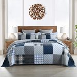 Yvooxny King Quilt Set Bedspread Reversible Plaid Grid Quilted Bedspread 3-Piece Real Patchwork Quilt Bedding Set with Pillowcases for All Seasons, King Size, 108 * 96 Inches P-blue Plaid