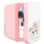 SHTALHST Mini Fridge With LED Mirror, 8L/8can, Mini fridge for Bedrooms, AC/DC, Skincare Fridge, for Skincare, Drinks, Makeup and Food, Bedroom,Car and Office, Pink