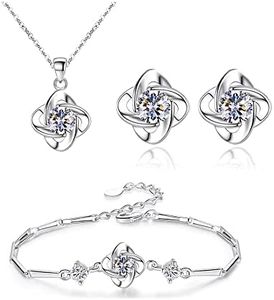 FFWTPY Conjunto de Joyas de Trébol de Cuatro Hojas de Plata para Mujer Juego de Cristal Collar Colgante Pendientes y Pulsera de Boda Juego de Joyas con Circonitas para Niñas Novia (Blanco)