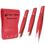 TECTIKO Eyebrow Tweezers Set Stainless Steel Best Precision Tweezer for Eyebrows Plucking, Facial Hair and Blackhead Ingrown Hair Remover, Daily Beauty Tool for Women and Men (3P Red Set)