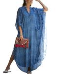 Bsubseach Women's Blue Striped Bikini Swimsuit Cover Ups Plus Size Caftan Dresses Button Up Beach Kaftan Shirt Dress