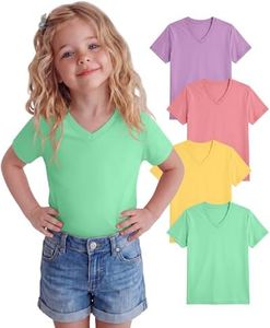 Oakgarden 4 Pack Toddler Girls V-Neck T Shirts Short Sleeve Loose Fit Tops Kids Summer Casual Solid Basic Tees for 18M-5T(Mint Green, Yellow, Rose Pink, Light Purple,3T)