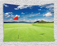 Ambesonne Sports Tapestry, Golf Field Flag in The Hole Clouds Sky Summertime Golfing Landscape, Wide Wall Hanging for Bedroom Living Room Dorm, 60" X 40", Lime Green