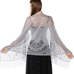 Ladiery Women's Floral Lace Shawl Scarf with Tassels, Soft Mesh Fringe Wraps for Wedding Evening Party Dresses (Gray, 72.8” x 24.8” (185 x 63 cm))