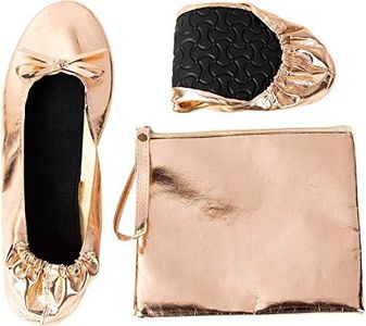 Rose Gold Foldable Ballet Flats for Women, Roll Up Flats with Zipper Pouch, US Size 8.5-9.5