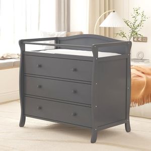 3-Drawer Changing Table, Wooden Diaper Changing Table,Infant Diaper Changing Station Dresser with 3 Drawers, Safety Rail & Strap for Bedroom, Nursery