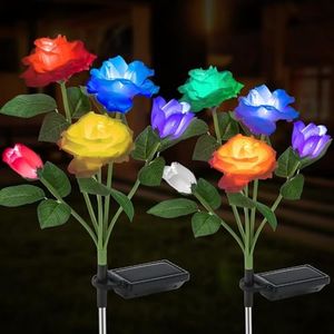 2 Pack Solar Lights Outdoor 7 Color Changing Rose Lights Waterproof Outdoor Lights Solar Powered with Flowers, Garden Decor for Patio Yard Pathway (White and Yellow)