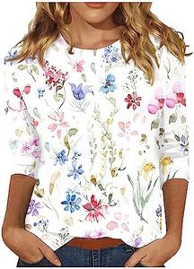 3/4 Sleeve Shirts for Women Womens Tops Dressy Casual 3/4 Sleeve Crew Neck T-Shirts Blouses Floral Work Shirts Graphic Tees Loose Shirts White 5X-Large