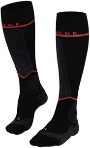 FALKE Women's SK Energizing Wool Compression Ski Socks, Knee High, Medium Padding, Breathable Quick Dry, Merino Wool, Black (Black-Neon Red 3178) - Calf Size W2, 8-10.5, 1 Pair