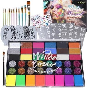 42 Color Face Painting Kit for Kids；Non Toxic Water Activated Face Paint Makeup palette With Stencils，Brush，gem.Carnival，Halloween，Costume Makeup；Water Based Facepaint Makeup Kit for Kids Adult