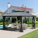 Domi Hardtop Gazebo 10x12FT, Outdoor Gazebo with Galvanized Steel Double Roof, Aluminum Frame, Built-in Gutter System, Curtain and Netting, Metal Gazebo Pavilion for Patio Deck Garden, Grey