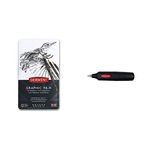 Derwent 34215 Graphic Soft Graphite Drawing Pencils, Set of 12, Professional Quality, 34215, Black &2301931 Battery Operated Eraser Pen, Black
