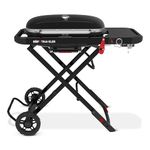 Weber Traveler Portable Gas Barbecue with Folding Cart & Wheels/Portable BBQ, Porcelain-Enamelled Cast Iron Grates, Built-In Lid Thermometer, 3.81 kW Burner, 2065 cm² Cooking Surface, Black