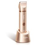 Bikini Trimmer for Women with Dual Head - IPX7 Waterproof & Painless Eletctric Razors for Public Hair - Eletric Shaver for Underarm Leg Body (Gold)