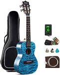 Caramel MC63 Concert - 23" Hand -wiped Blue Quilted Maple, Matte Finish Ocean Style Ukulele Bundle Gigbag, Strings, Tuner Beginner Kit