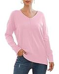 Yommay Plus Size Women's Jumper Elegant Lightweight Sweater Top V-Neck Knit Sweatshirt Comfortable Trendy Long Sleeve Pullover Hem High Low Design,Light Pink,XXXL