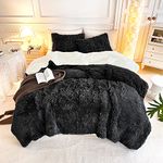 Uozzi Bedding Black Faux Fur Comforter Set Queen 3 Pieces - 1 Dark Gray Shaggy Comforter Set 90x90 and 2 Pillowcases, Ultra Soft and Easy Care Luxury Plush Shaggy Duvet Set