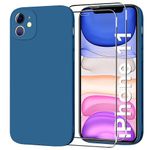 For iPhone 11 Case with Screen Protector Tempered Glass (2 Pack),iPhone11 Silicone Phone Case,Shockproof Cover with Soft Anti-Scratch Microfiber Lining,[Full Body Protective],6.1 inch,Navy Blue