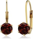 Gem Stone King Red Garnet Gemstone Birthstone 18K Yellow Gold Plated Silver Leverback Earrings For Women | 2.40 Cttw | Gemstone Birthstone | Round 6MM
