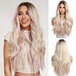 OUFEI Ombre Blonde Wigs with Pink Purple Highlight for Women Long Curly Wig Synthetic Hair Heat Resistant Wigs for Daily Party Cosplay Wear