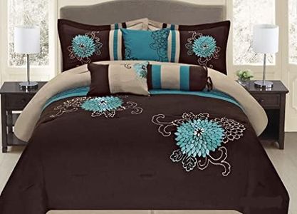 Legacy Decor 7 Pc Brown, Teal and Taupe Floral Striped Design Full Size Comforter Set