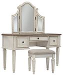 Signature Design by Ashley Realyn Vanity and Mirror with Stool, Chipped White