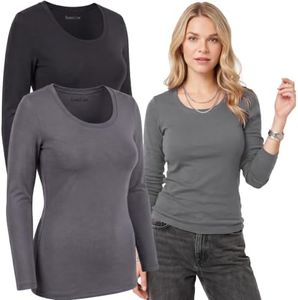 Emmalise Women's Junior and Plus Size Basic Scoop Neck Tshirt Long Sleeve Tee, 2XL, 2Pk Black, Charcoal