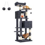 Feandrea Cat Tree, 61-Inch Cat Tower for Indoor Cats, Plush Multi-Level Cat Condo with 5 Scratching Posts, 2 Perches, 2 Caves, Hammock, 2 Pompoms, Smoky Gray UPCT192G01