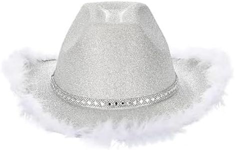 Cowboy Hat Fluffy Feather Trim Cowgirl Hat Adult Western Felt Cow Girl Hat Fancy Dress Party Halloween Cosplay Costume,Silver