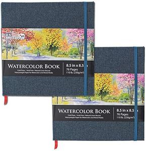 U.S. Art Supply 8.5" x 8.5" Watercolor Book, 2 Pack, 76 Sheets, 110 lb (230 GSM) - Linen-Bound Hardcover Artists Paper Pads - Acid-Free, Cold-Pressed, Brush Painting & Drawing Sketchbook Mixed Media