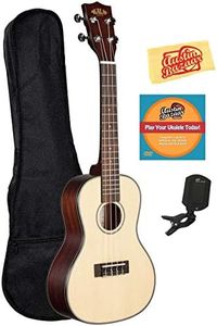 Kala KA-SCG Solid Spruce Mahogany Concert Ukulele Bundle with Gig Bag, Tuner, Austin Bazaar Instructional DVD, and Polishing Cloth, Bundle w/Gig Bag, Spruce Concert
